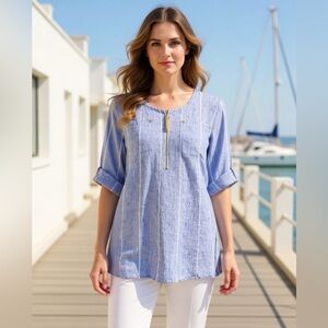 ELLEN TRACY Linen Blue Stripe Quarter Zip Tunic Roll Tab Sleeves Front Pockets M